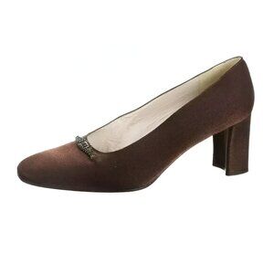 Stuart Weitzman Lamé Copper Rust Orange-Brown Leather Medallion Dress Heels 8